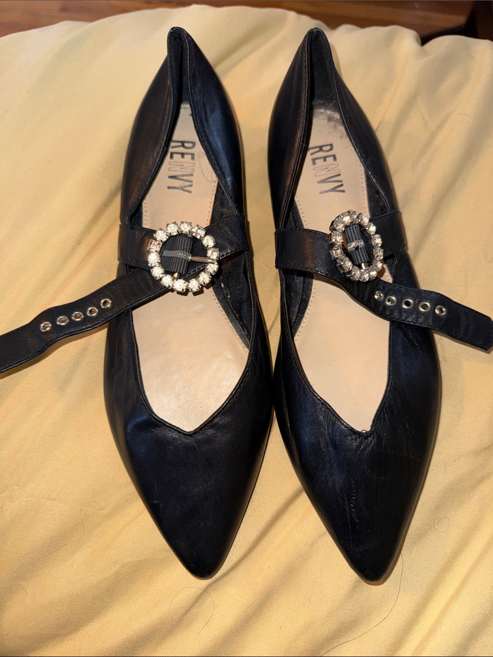 Renvy Black Pointed Mary Jane Flats with Crystal Buckles